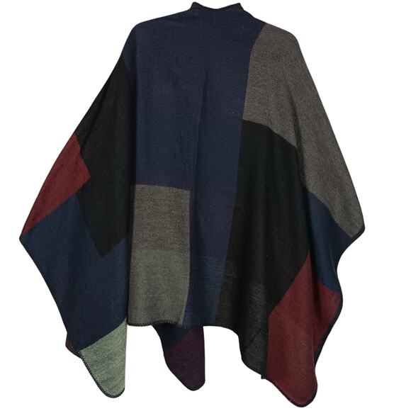 Just Fab Wrap/Poncho Colorblock Blue Black Burgundy One Size Fits Most Knit - Picture 6 of 6